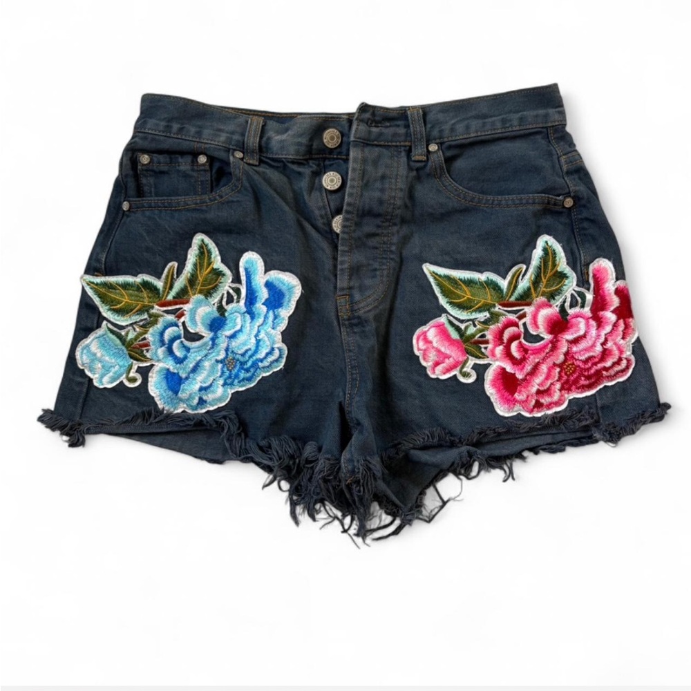Missguided Black Denim Shorts with Floral Embroidery
